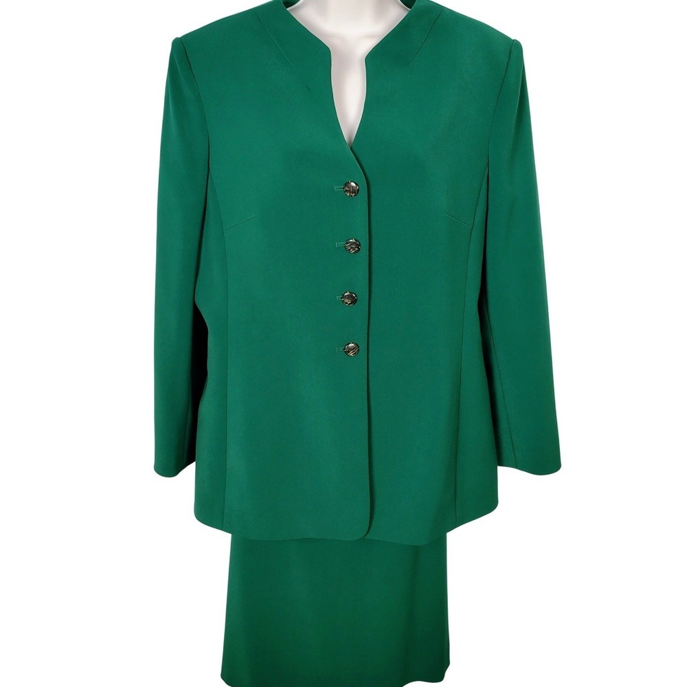 Le Suit Petite Green Skirt Suit Set 14P Blazer Pencil Skirt Emerald Professional